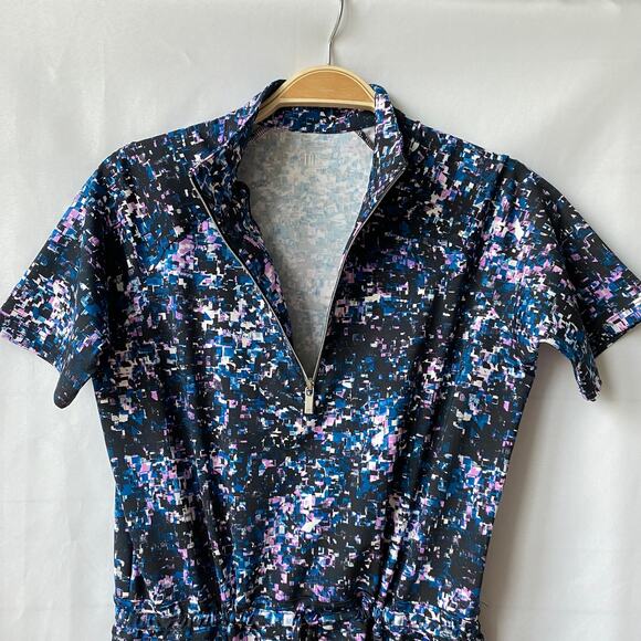 Tail Drawstring Waist Athletic Dress S Blue Black Geo Print 1/4 Zip Activewear - Picture 3 of 11